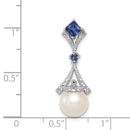Sterling Silver Rhod Plated Dia. Created Sapphire Fw Cultured Pearl Pendant