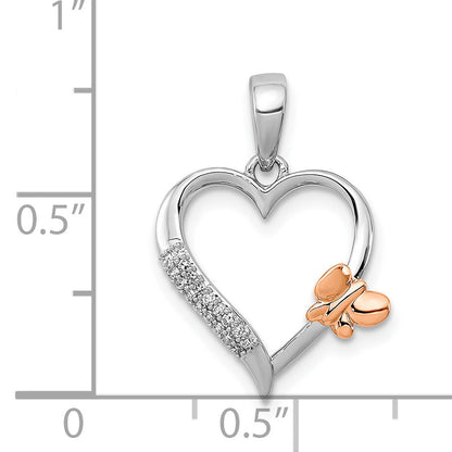 Sterling Silver Rhod-Plated W/14K Rose Gold Butterfly Diamond Heart Pendant