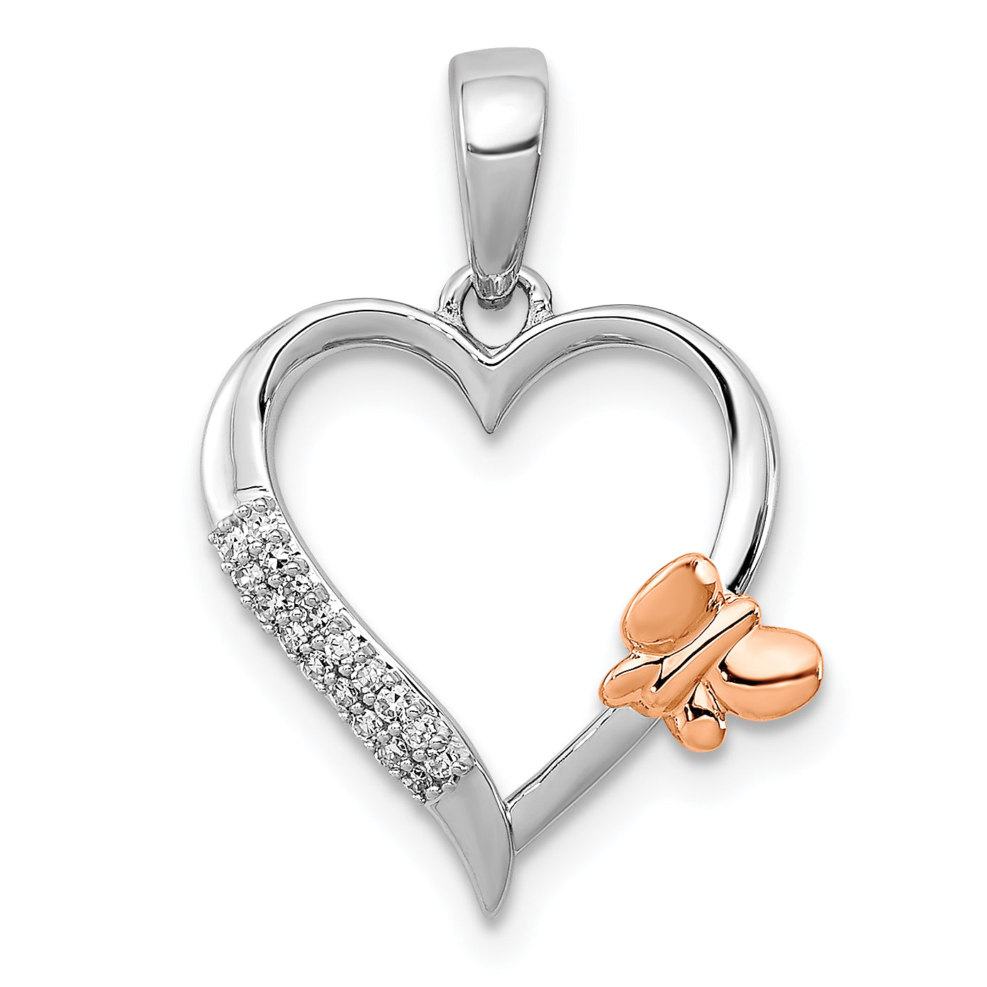 Sterling Silver Rhod-Plated W/14K Rose Gold Butterfly Diamond Heart Pendant