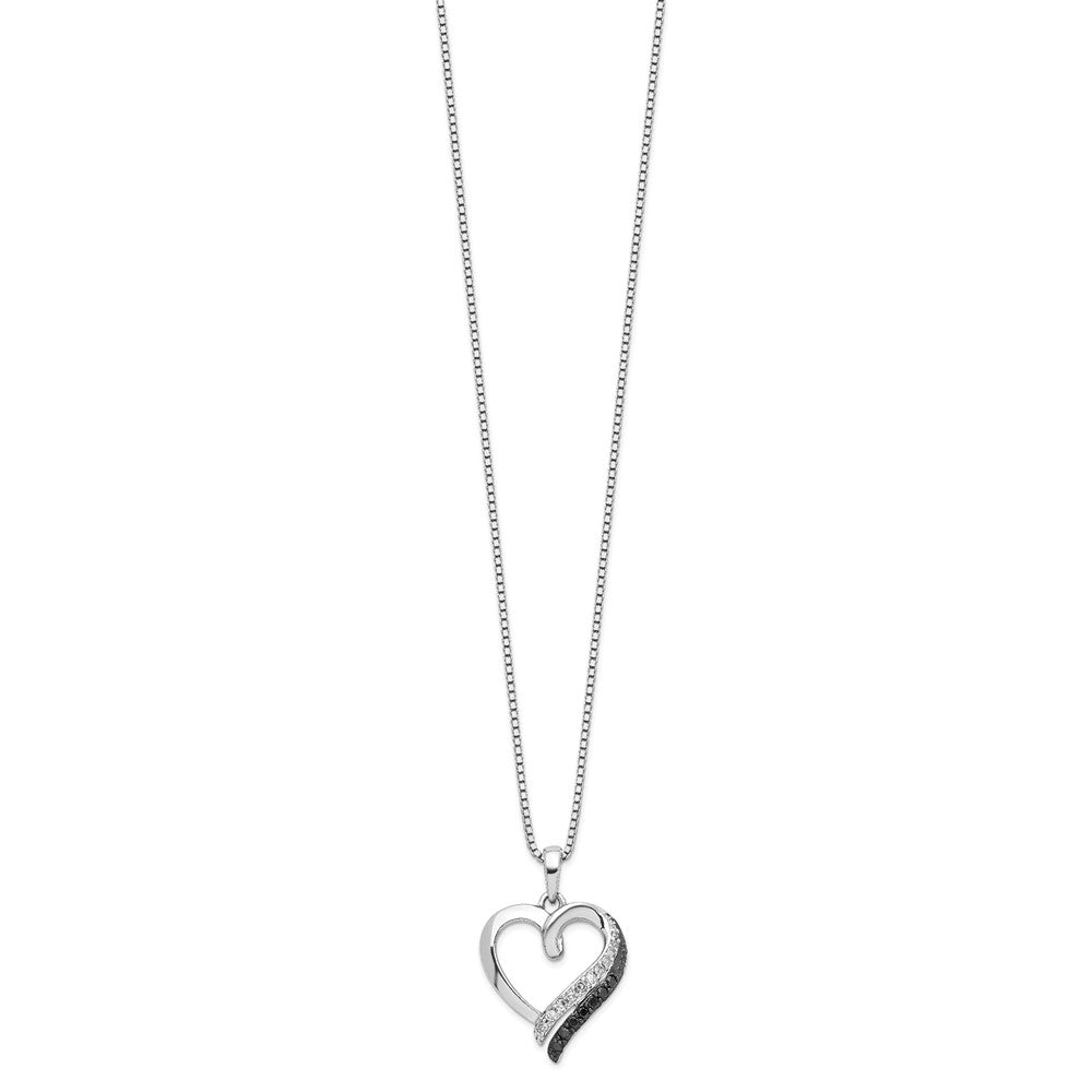 Sterling Silver White Night Rhodium-Plated Black And Diamond Heart Necklace With 2 Inch Extender