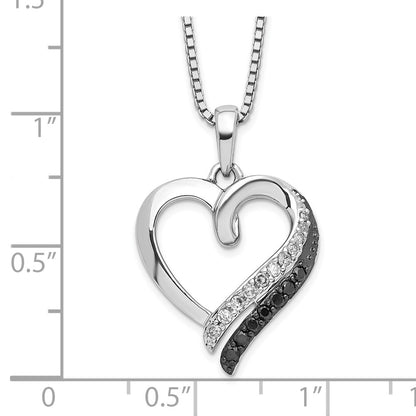 Sterling Silver White Night Rhodium-Plated Black And Diamond Heart Necklace With 2 Inch Extender
