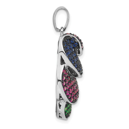 Sterling Silver & Black Rhodium Blue Green Glass W/ Light Dark Synthetic Ruby Pendant