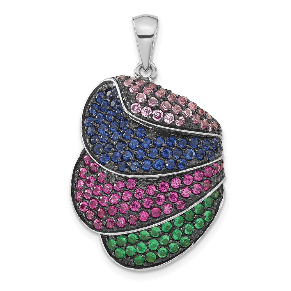 Sterling Silver & Black Rhodium Blue Green Glass W/ Light Dark Synthetic Ruby Pendant