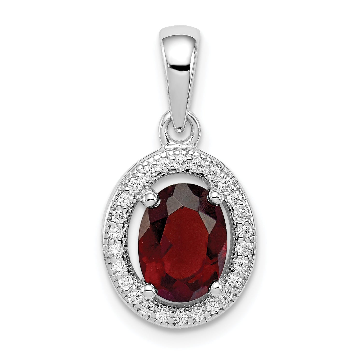 Sterling Silver Rhod-Plated W/ Dark Red And White Cz Oval Pendant