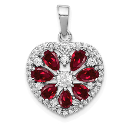 Sterling Silver Rhodium-Plated Polished Cz And Lab Cr. Ruby Heart Pendant