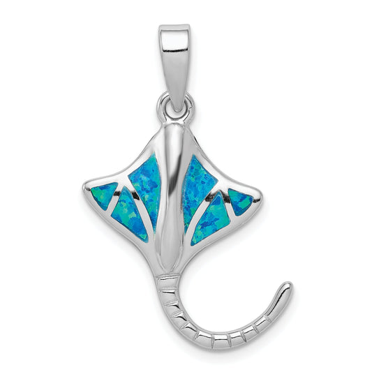 Sterling Silver Rhodium-Plated Created Blue Opal Stingray Pendant