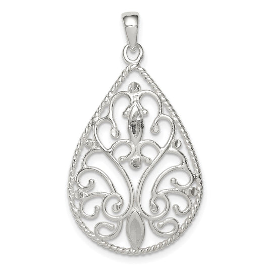 Sterling Silver Polished Filigree Diamond-Cut Teardrop Pendant