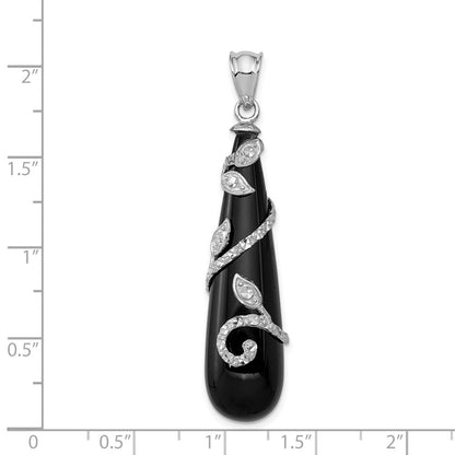 Sterling Silver Rhodium-Plated Filigree Diamond Cut Vine Wrap Onyx Teardrop Dangle Pendant