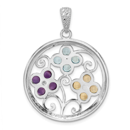 Sterling Silver Rhodium-Plated Citrine Bl Topaz & Amethyst Flower Pendant