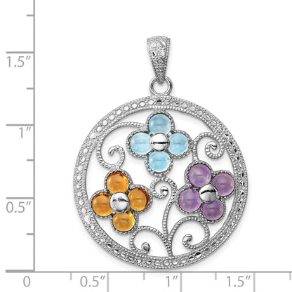 Sterling Silver Rhodium-Plated Citrine Bl Topaz & Amethyst Flower Pendant