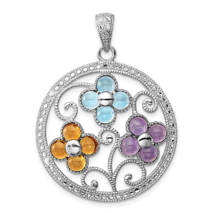 Sterling Silver Rhodium-Plated Citrine Bl Topaz & Amethyst Flower Pendant