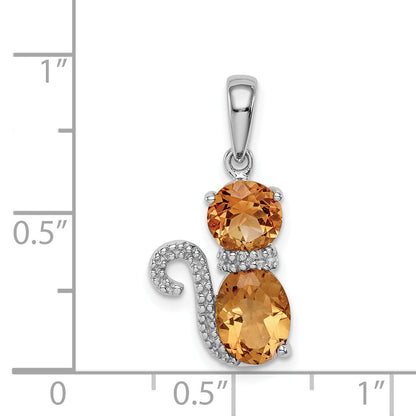 Sterling Silver Rhodium-Plated Citrine And Diamond Cat Pendant