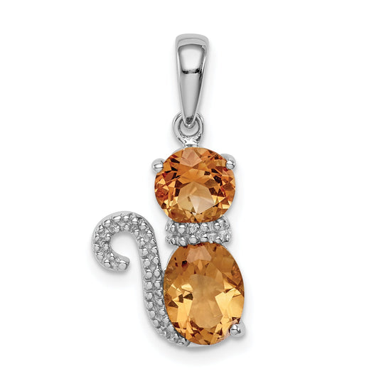 Sterling Silver Rhodium-Plated Citrine And Diamond Cat Pendant