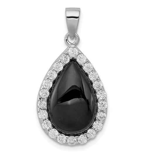 Sterling Silver Rhodium-Plated Cz And Onyx Tear Drop Pendant