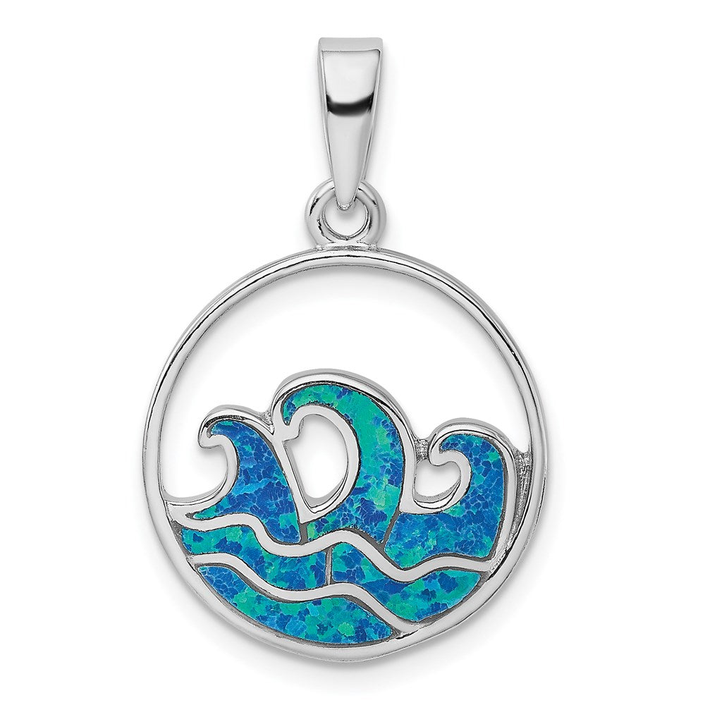 Sterling Silver Rhodium-Plated Blue Created Opal Wave Pendant