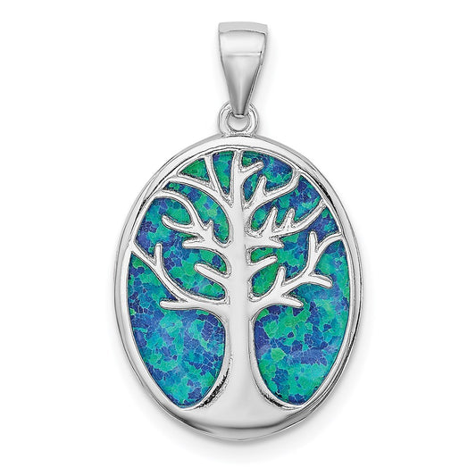 Sterling Silver Rhodium-Plated Created Opal Tree Of Life Oval Pendant