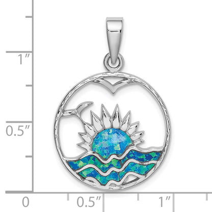 Sterling Silver Rhod-Plated Blue Inlay Created Opal Sunrise Pendant