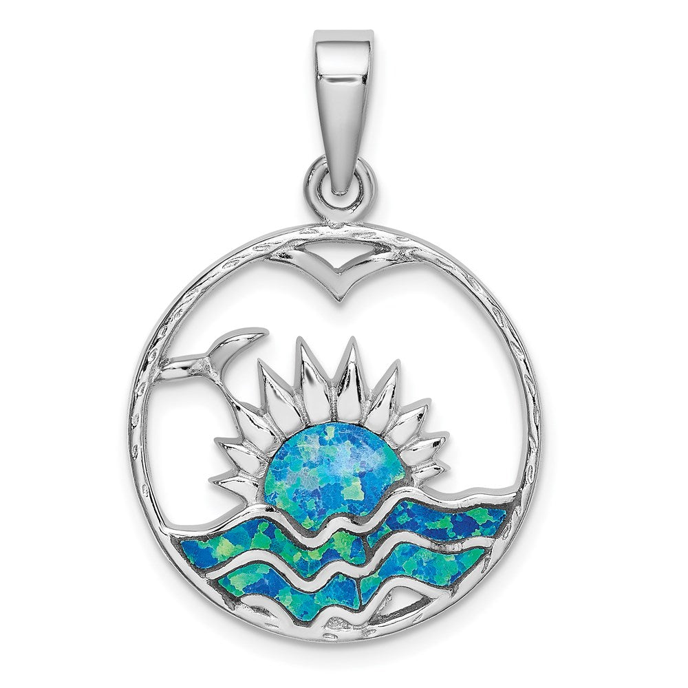 Sterling Silver Rhod-Plated Blue Inlay Created Opal Sunrise Pendant