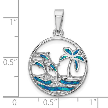 Sterling Silver Rhodium-Plated Blue Created Opal Dolphins Pendant