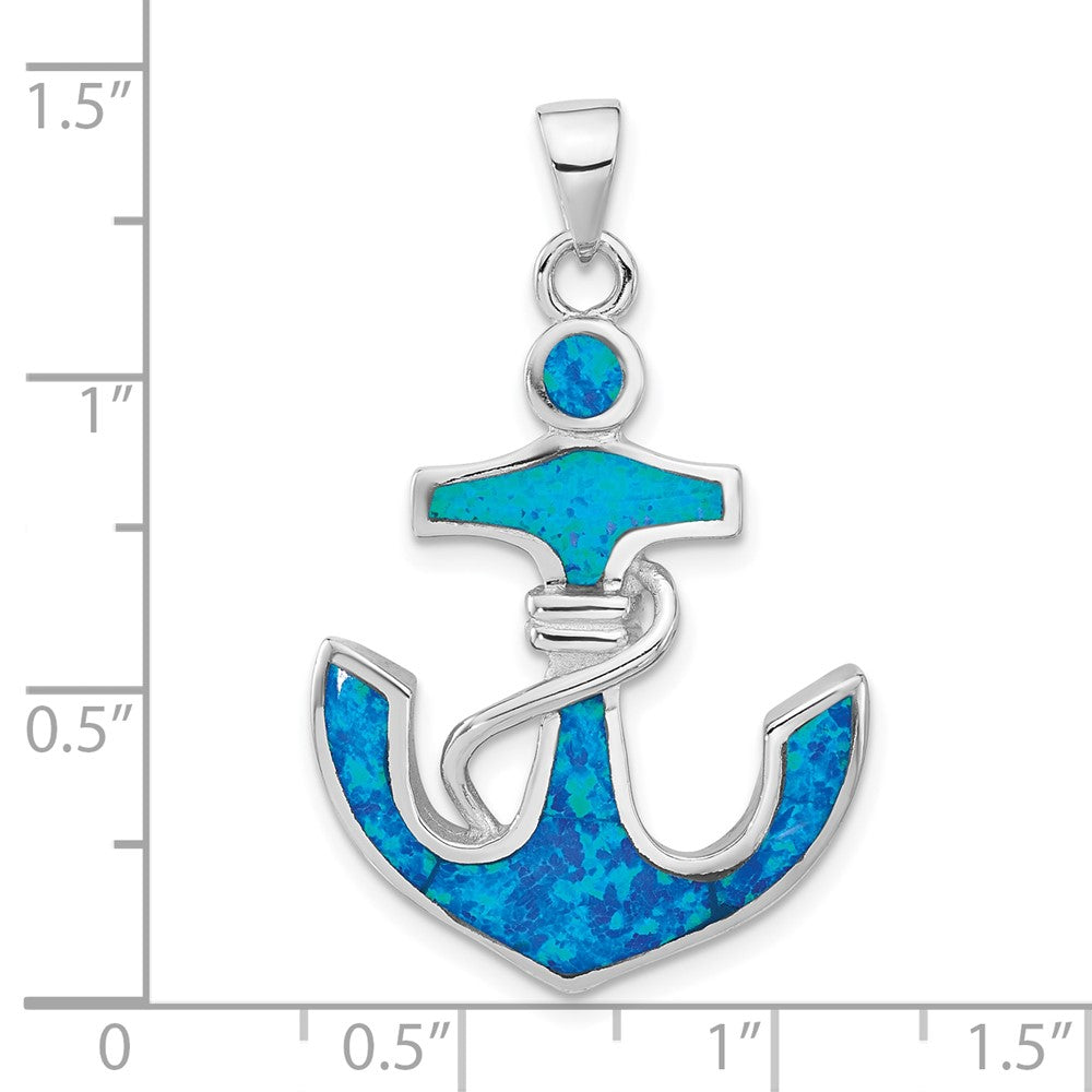 Sterling Silver Rhodium-Plated Blue Created Opal Anchor Pendant