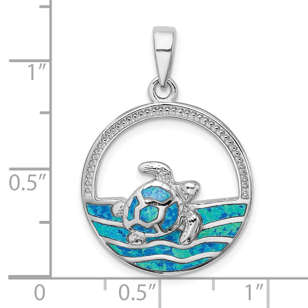 Sterling Silver Rhodium-Plated Polished Blue Inlay Created Opal Turtle Pendant