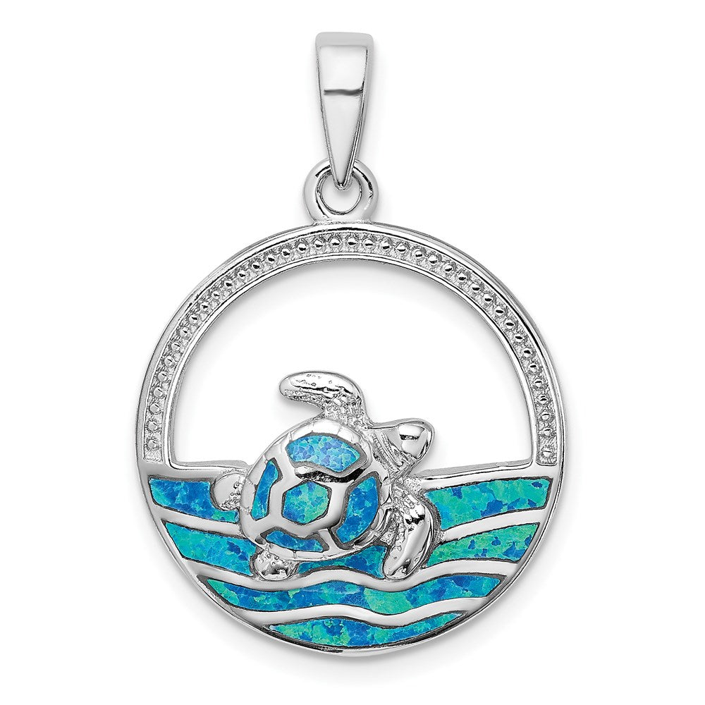 Sterling Silver Rhodium-Plated Polished Blue Inlay Created Opal Turtle Pendant