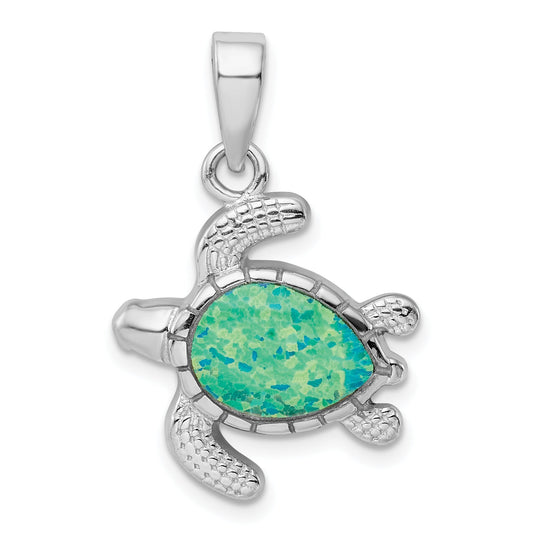 Sterling Silver Rhodium-Plated Polished Green Inlay Created Opal Turtle Pendant