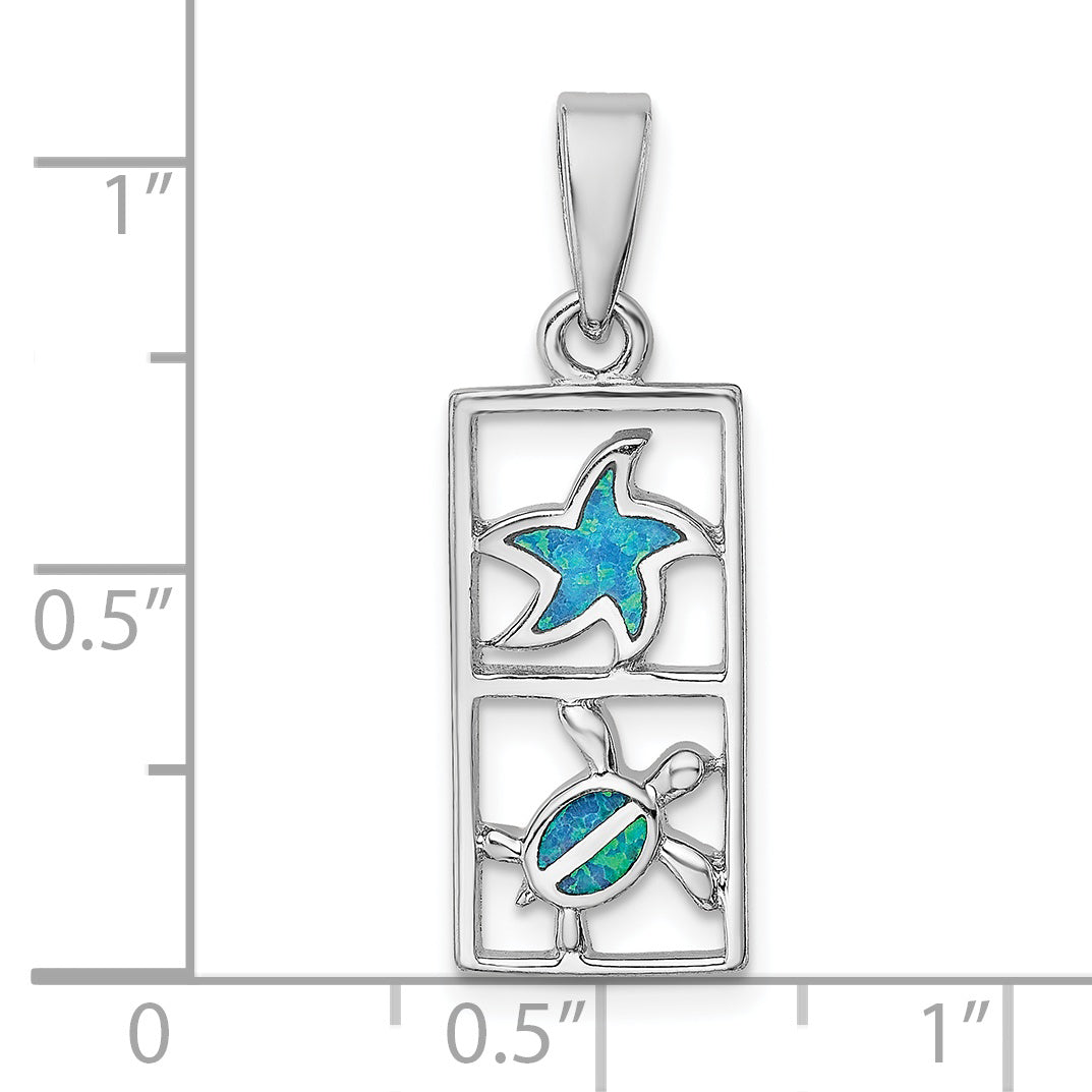 Sterling Silver Rhodium-Plated Polished Blue Created Opal Starfish And Turtle Rectangle Pendant