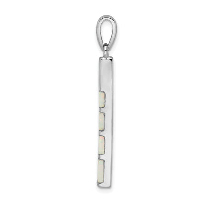 Sterling Silver Rhodium-Plated White Created Opal Bar Pendant