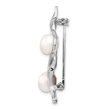 Sterling Silver Rhodium-Plated Leaf Accented With Cz And 7-8mm White Button Freshwater Cultured Pearl Pin Brooch