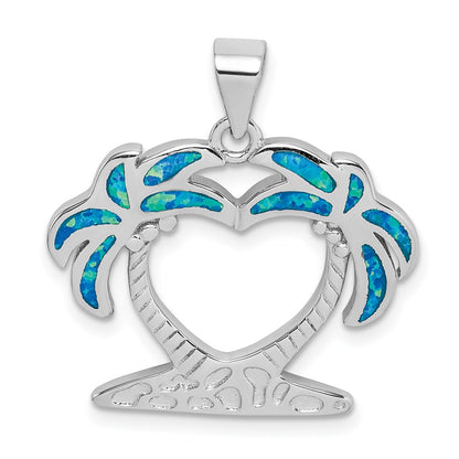 Sterling Silver Rhodium-Plated Created Blue Opal Palm Trees Pendant