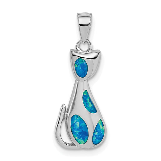 Sterling Silver Rhodium-Plated Cat W/Created Opal Accents Pendant