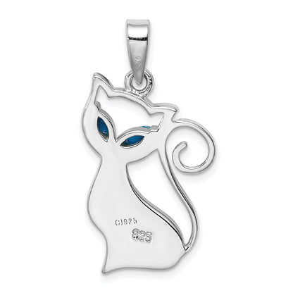 Sterling Silver Rhodium-Plated Created Opal Cat Pendant