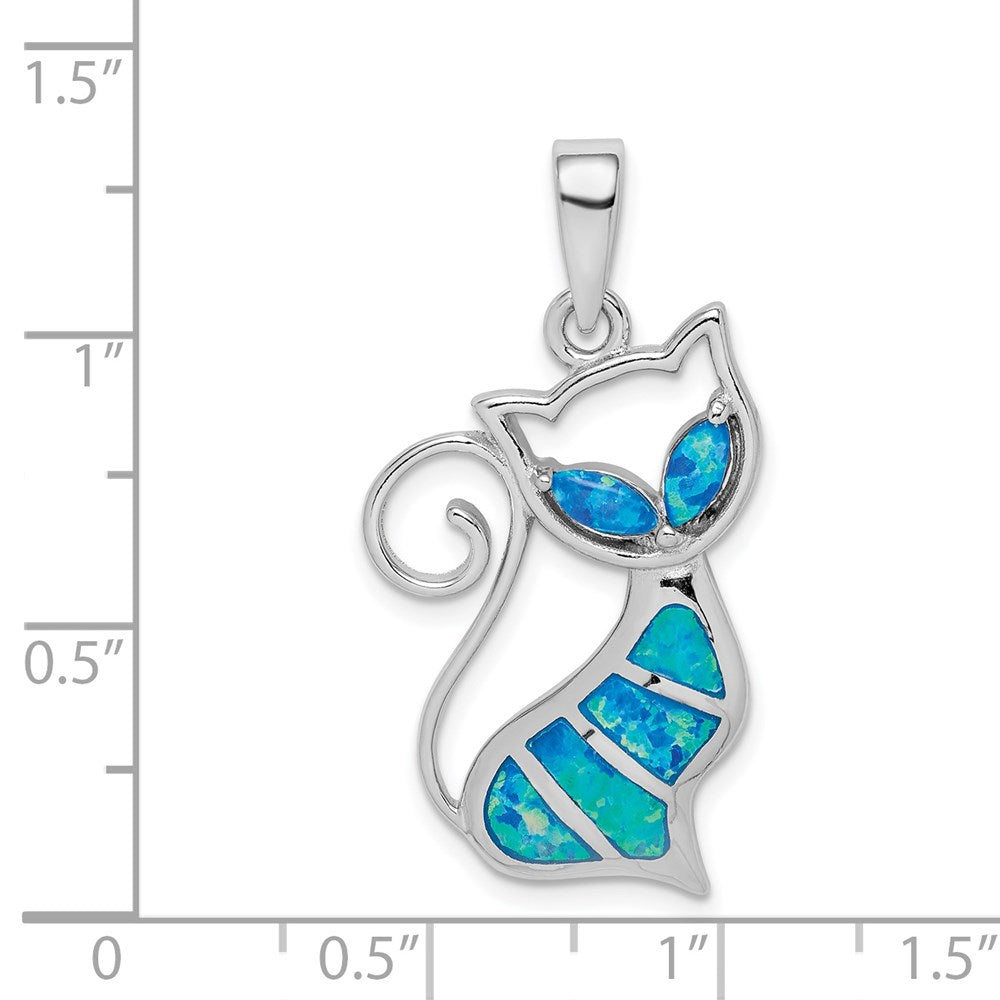 Sterling Silver Rhodium-Plated Created Opal Cat Pendant