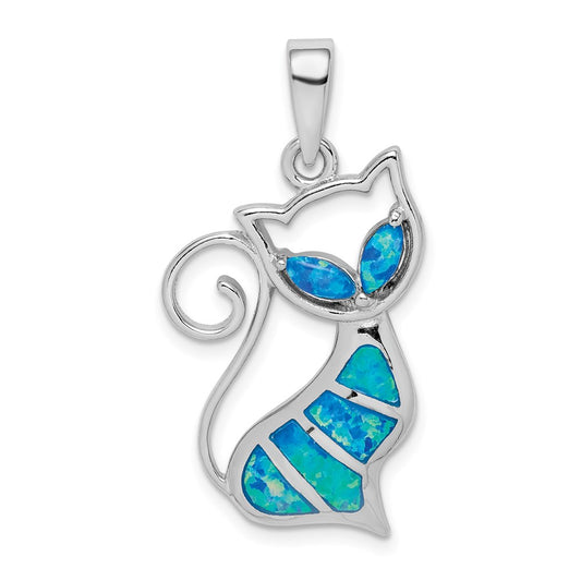 Sterling Silver Rhodium-Plated Created Opal Cat Pendant