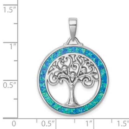 Sterling Silver Rhodium-Plated Created Opal Circle W/Tree Pendant