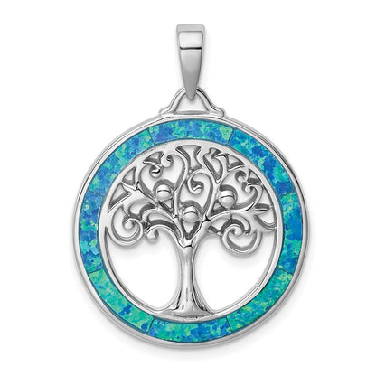 Sterling Silver Rhodium-Plated Created Opal Circle W/Tree Pendant