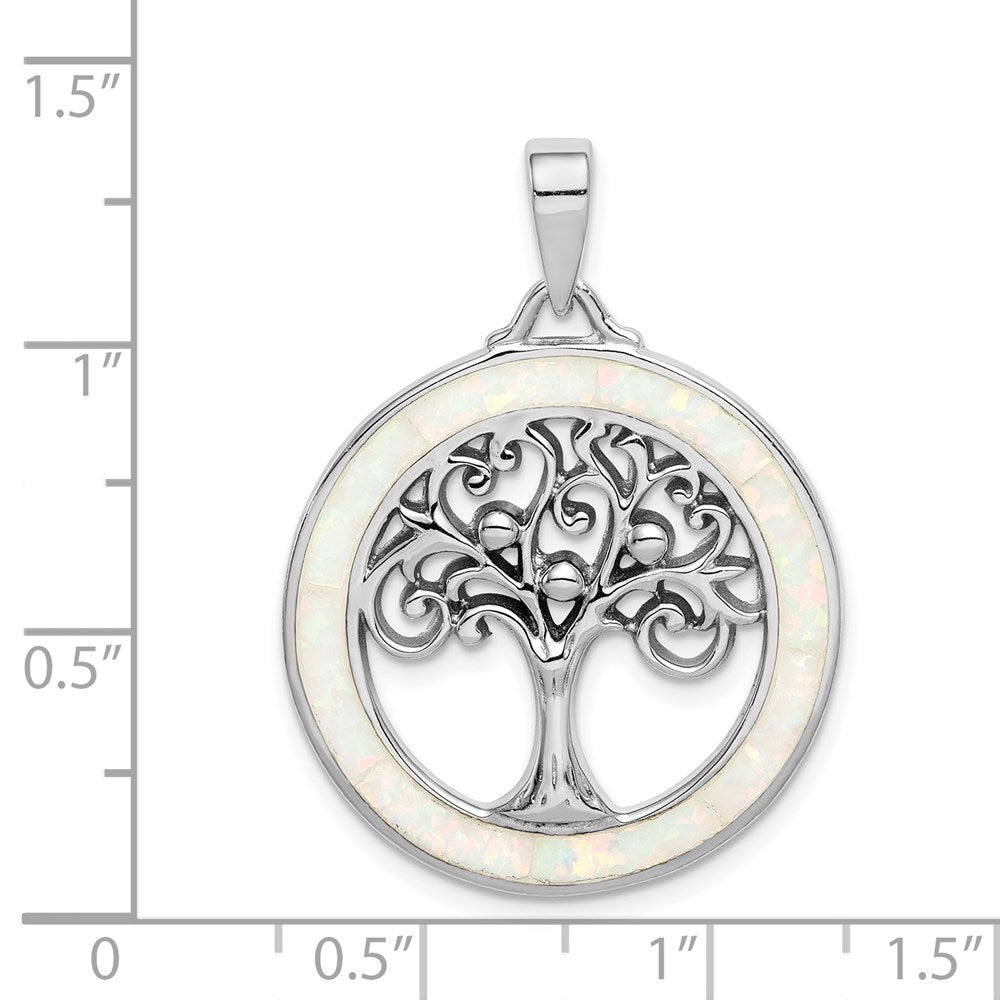 Sterling Silver Rhodium-Plated Created Opal Circle W/Tree Pendant