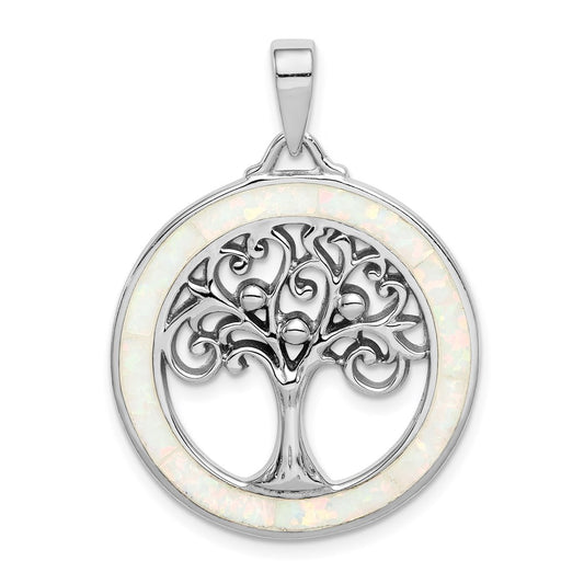 Sterling Silver Rhodium-Plated Created Opal Circle W/Tree Pendant