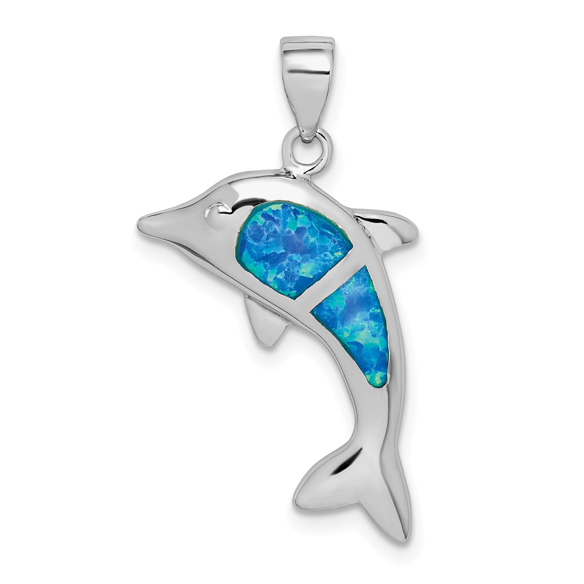 Sterling Silver Rhodium-Plated Polished Created Blue Opal Dolphin Pendant