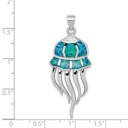 Sterling Silver Rhodium-Plated Polished Created Blue Opal Jellyfish Pendant