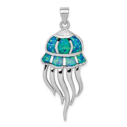 Sterling Silver Rhodium-Plated Polished Created Blue Opal Jellyfish Pendant