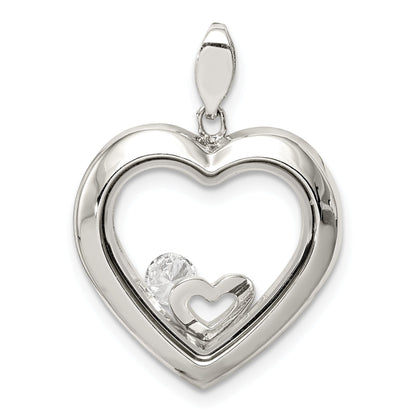 Sterling Silver Rhodium-Plated Cz 19mm Heart Glass Pendant