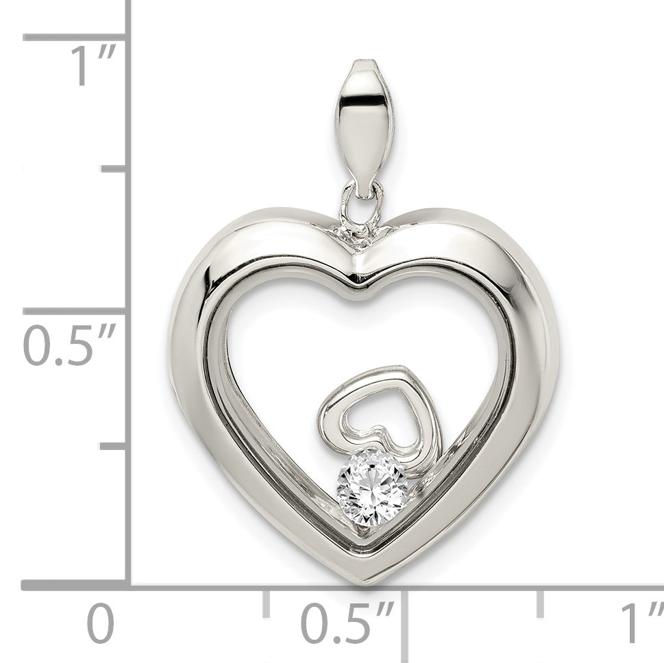 Sterling Silver Rhodium-Plated Cz 19mm Heart Glass Pendant