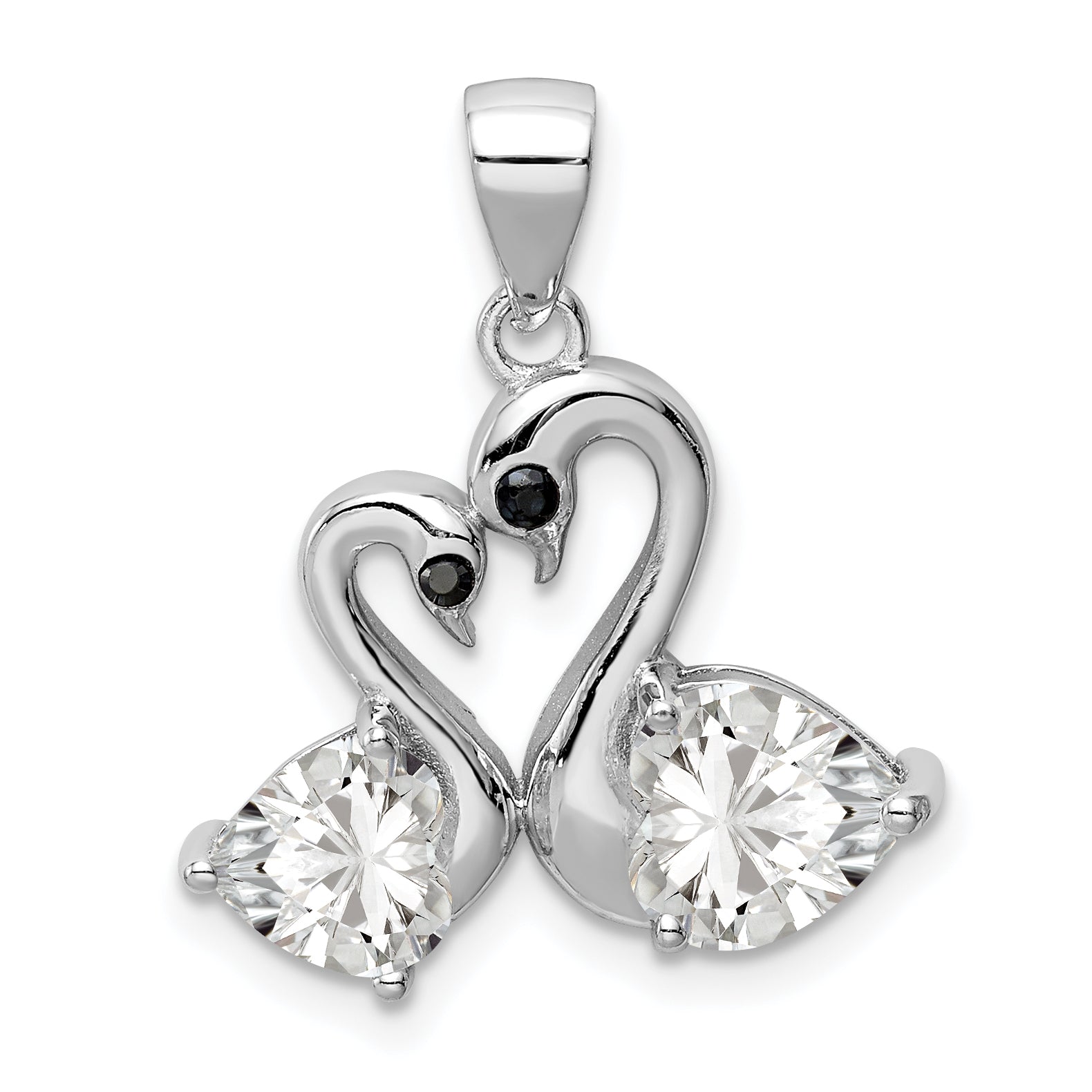 Sterling Silver Rhodium-Plated Polished Cz Swan Couple Pendant