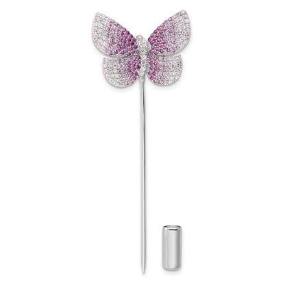 Sterling Silver Rhodium-Plated Polished Pink Cz Butterfly Pin