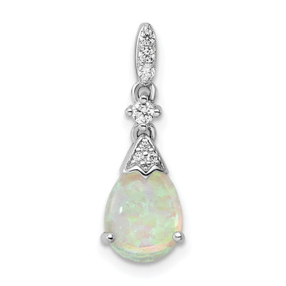 Sterling Silver Rhodium-Plated Polished Cz And Synthetic Opal Pendant