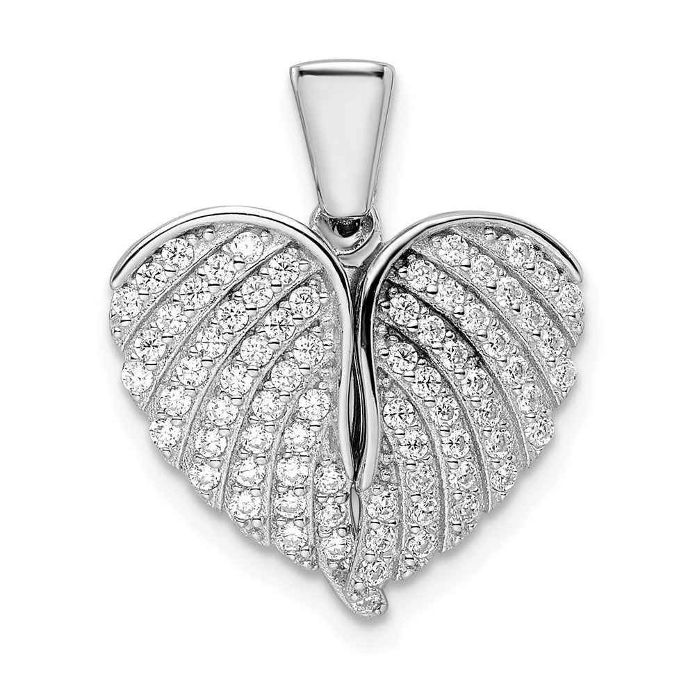 Sterling Silver Polished Rhodium-Plated Cz Opening Wings & Heart Pendant