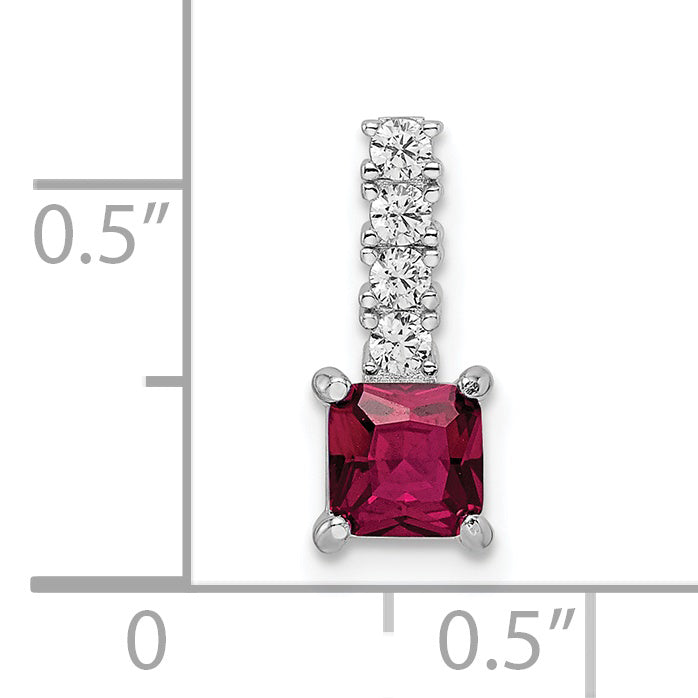 Sterling Silver Rhodium-Plated Created Ruby And Cz Square Pendant