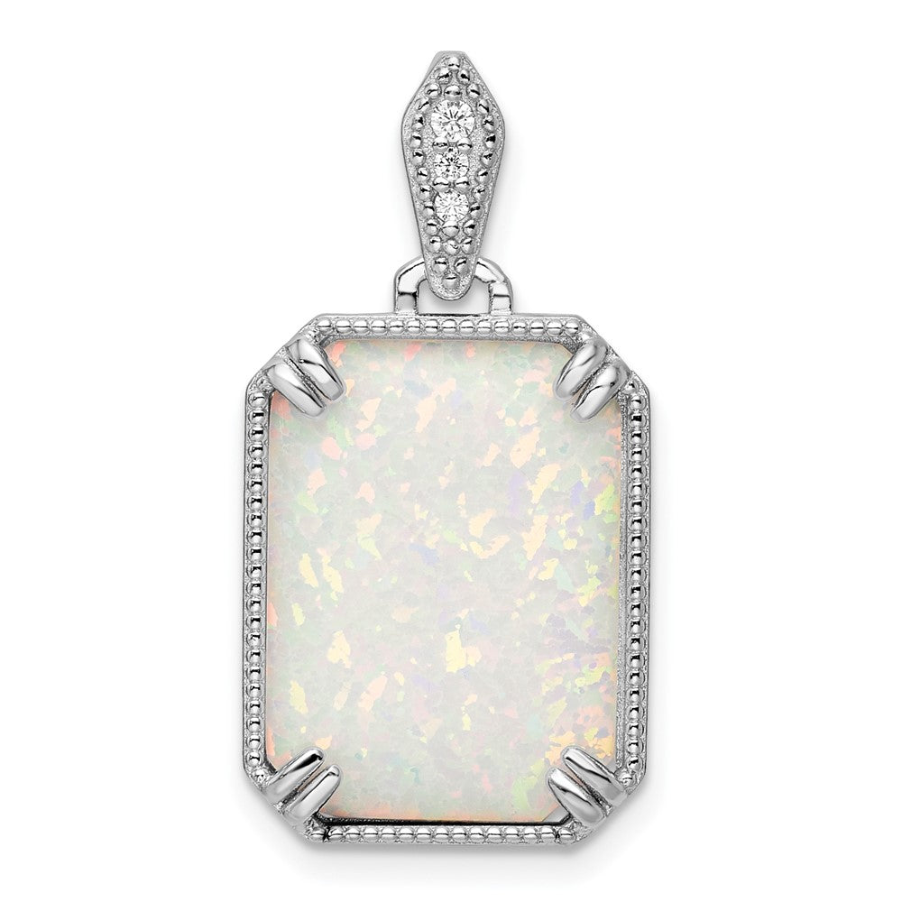 Sterling Silver Rh-Plated White Created Opal & Cz Beaded Border Pendant